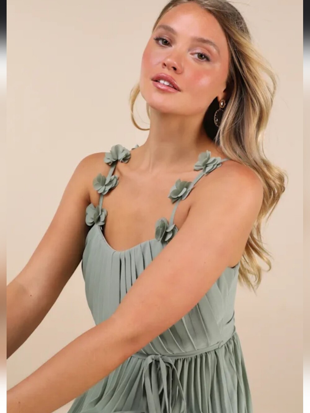 Lulus Hera Sage Pleated Floral Applique Maxi Dress Green - Size M - Picture 5 of 16